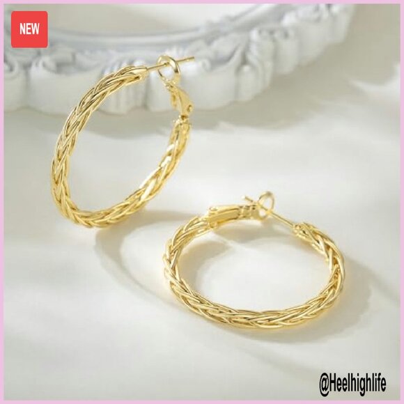 14K Gold Twisted Hoop Earrings 30MM Hypoallergenic Fine Weave Design - Picture 7 of 8